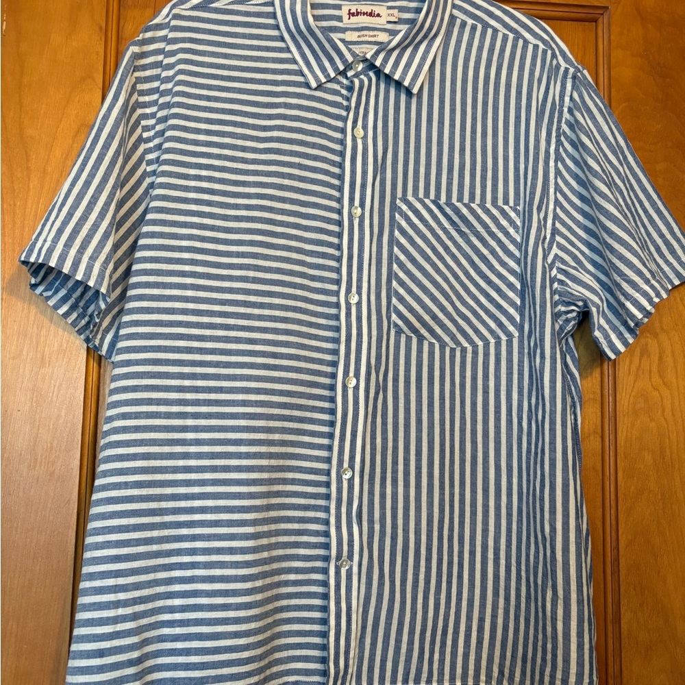 Fabindia Blue and White Striped Linen Shirt *straight fit*
